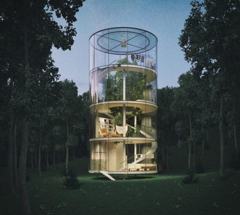 Удивительный прозрачный дом-цилиндр с живым деревом внутри 